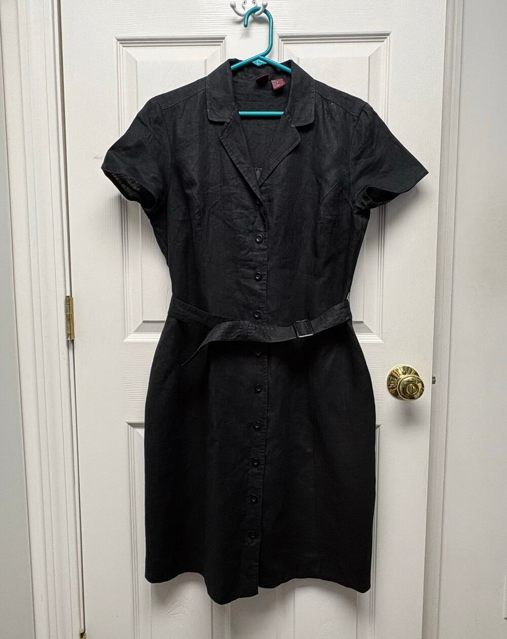 Merona Dress Lined Short Sleeve Black Linen Collar Button Up Belted Women’s L